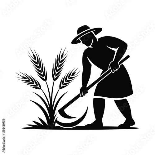 Farmer harvesting wheat silhouette isolated on white background