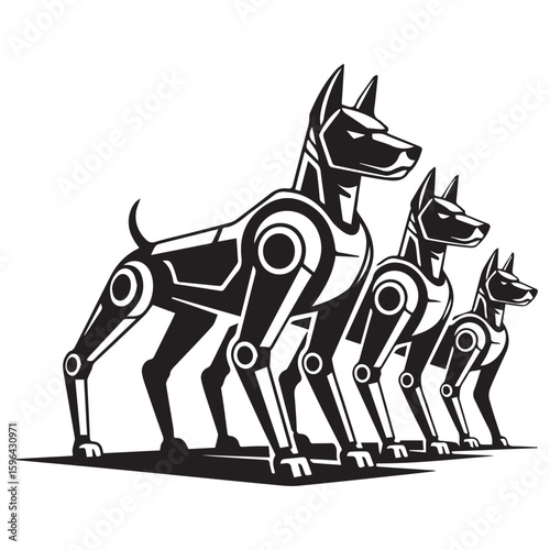 Three futuristic cybernetic doberman guard dogs standing in a line with a menacing and alert stance illustration