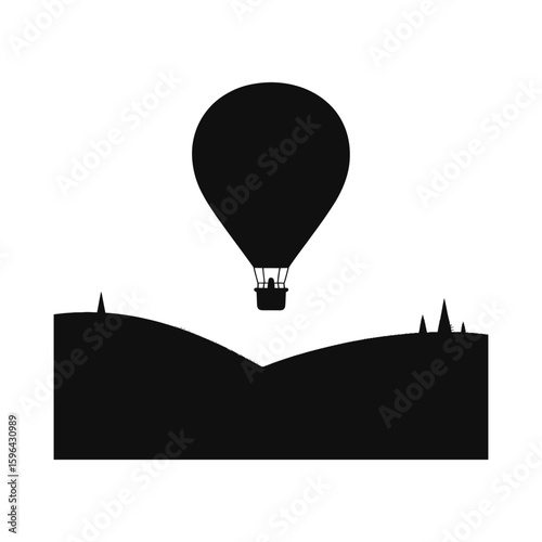 Hot air balloon over rolling hills silhouette isolated on white background