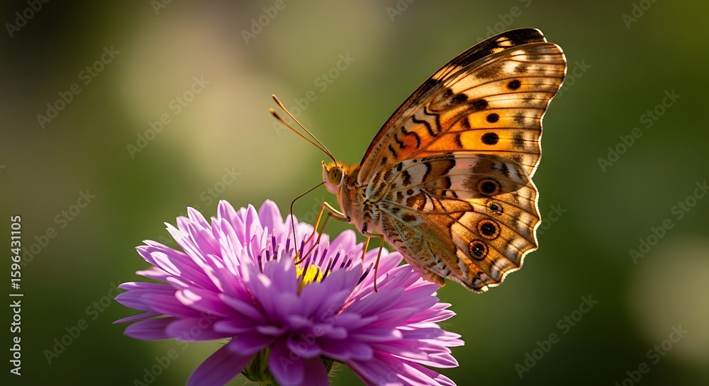 Obraz premium Golden-hued butterfly delicately perched on a vibrant purple aster, bathed in soft sunlight; serene nature scene.