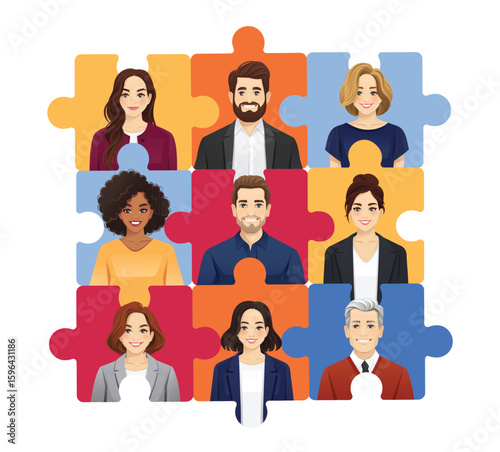 Teamwork and corporate diversity concept. Different business people placed in square puzzle grid. Isolated vector illustration.
