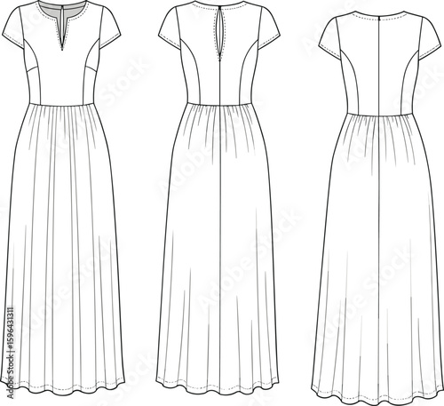 Elegant maxi dress fashion flat sketch, short sleeve women’s dress design, front and back view, technical CAD drawing vector illustration