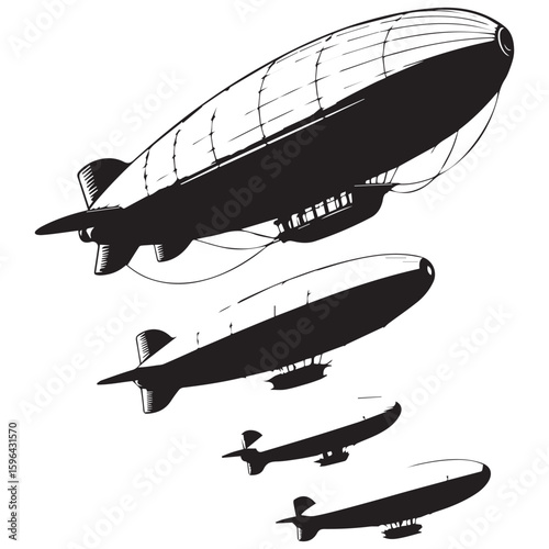 Vintage illustration of a fleet of dirigibles and airships flying in formation against a white background
