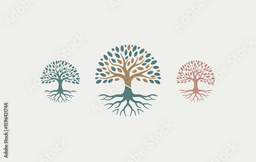 Three stylized trees with visible roots in earthy tones