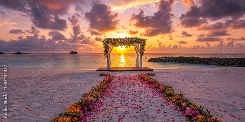Fototapeta Naklejka Na Ścianę i Meble -  Romantic Maldives island escape with floral dÃ©cor and sunset