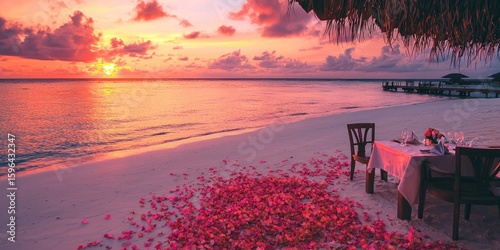 Fototapeta Naklejka Na Ścianę i Meble -  Romantic Maldives island escape with floral dÃ©cor and sunset