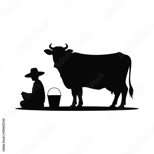 Farmer milking cow silhouette isolated on white background