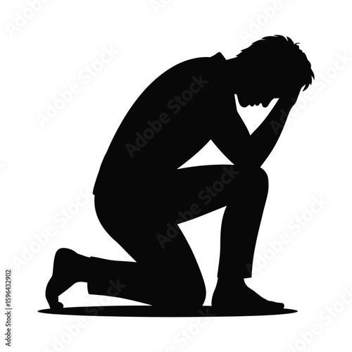 Silhouette of a man kneeling in despair isolated on white background