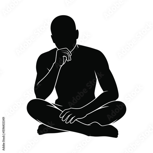 Man in a meditative pose silhouette isolated on white background