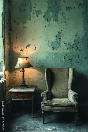 A vintage armchair and lit table lamp sit in a dim, aged room with peeling paint on the walls, evoking a moody, nostalgic atmosphere.