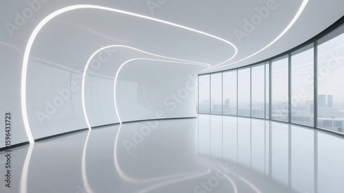 Modern minimalist room with sleek white design and large windows