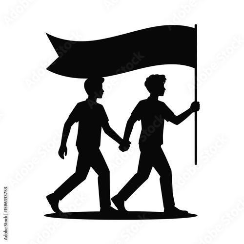 Two people holding hands with a banner silhouette isolated on white background