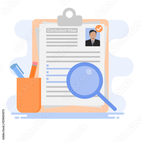 Human resource management, employee recruitment. Reading CVs and reviewing prospective employees. Employee recruitment concept. Flat style illustration.