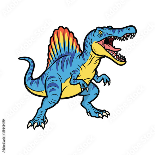 Cute Blue Spinosaurus stands isolated on a white background
