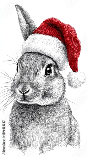 A detailed black and white sketch of a rabbit wearing a red and white Santa hat, combining festive cheer with natural animal charm.