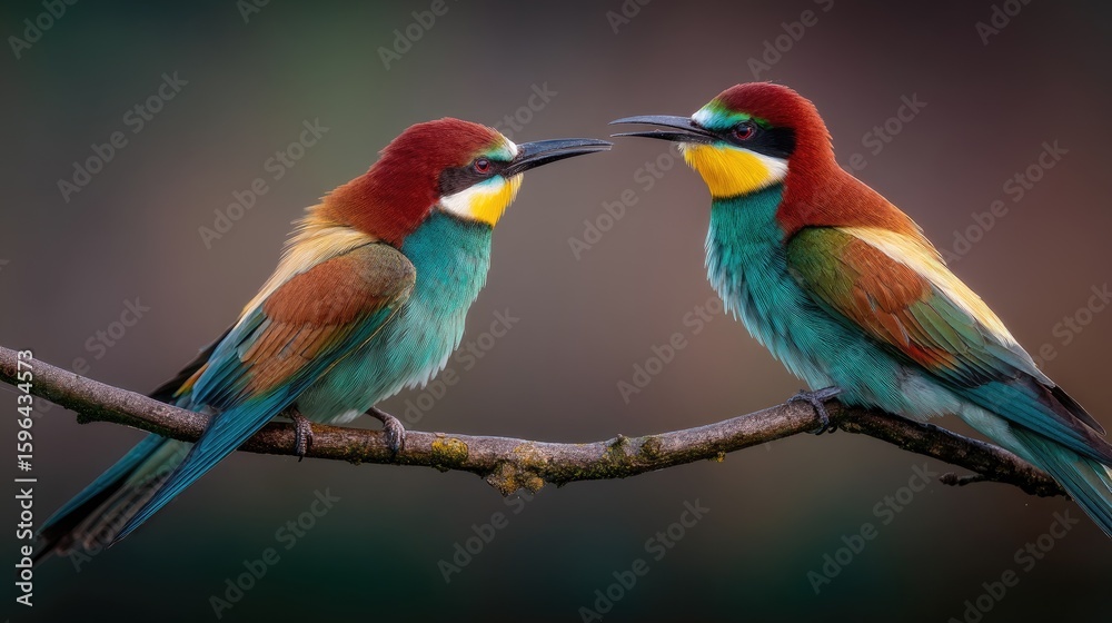 Fototapeta premium Two colorful bee-eaters perched on a branch.