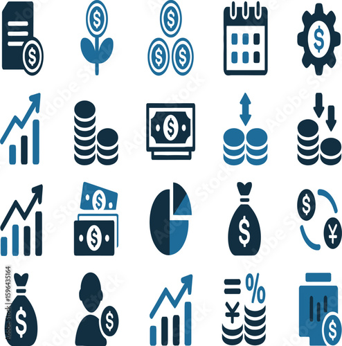 Illustration of financial icons including money, charts, and currency symbols in a grid format