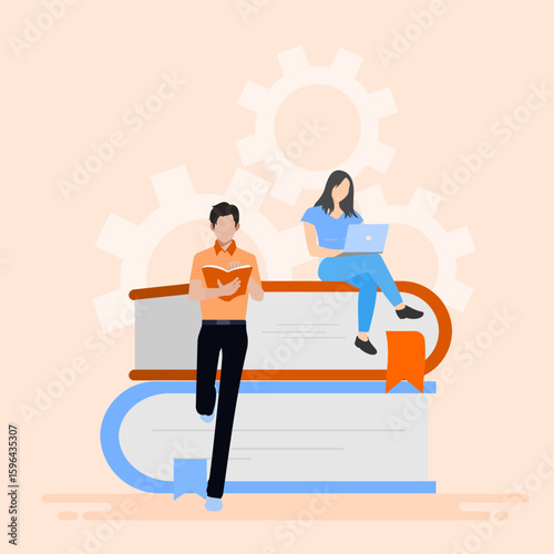 Illustration of students spending time studying for exams. Male and female characters sit among piles of books.