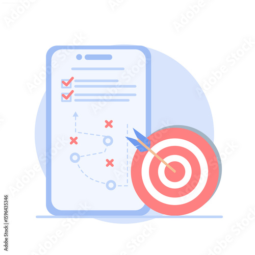 Smartphone, Arrow, and Target. Illustration of a business report or business plan. Business Strategy Concept.