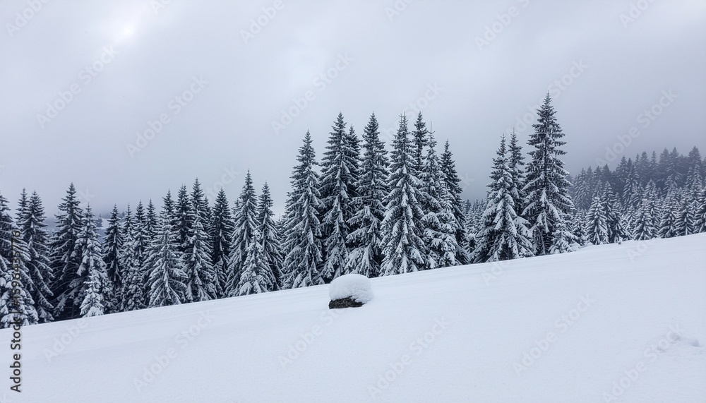Naklejka premium Snow-Covered Pine Trees- Majestic evergreen pine trees blanketed in heavy snow
