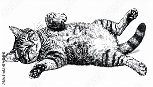 Vintage Hand Drawn Illustration of a Tabby Cat Sleeping on its Back