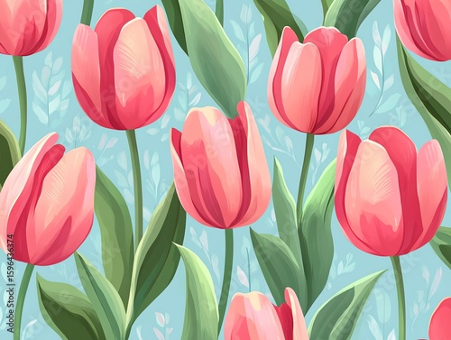 Colorful tulips with green leaves on a pastel blue background.