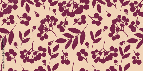 Bright seamless pattern of branches and rowan berries in burgundy on  light background.  For prints of fabrics, textiles, packaging