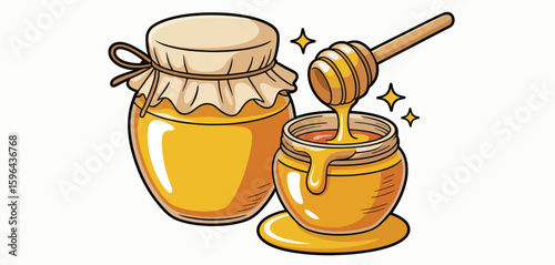 Golden honey dripping from wooden dipper into jar