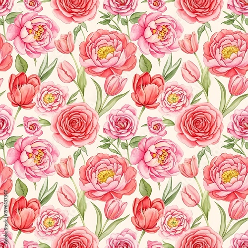 Romantic Watercolor Floral Seamless Pattern: Peonies, Roses, and Tulips in Soft Pink and Coral Hues.