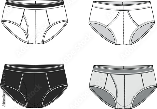 Men's underwear cad drawing, vector illustration, fashion design template, black white briefs, front view styles, detailed stitching, apparel technical sketch