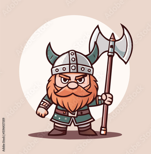 Viking warrior mascot with big beard, holding a battle axe, wearing a helmet with horns.