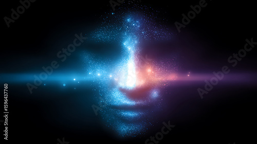 Abstract futuristic AI neural network with glowing blue and purple particles forming face-like shape, digital data streams and connections on dark background, technology and innovation concept.
