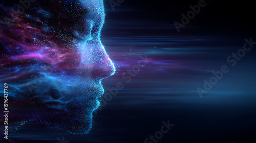 Abstract futuristic AI neural network with glowing blue and purple particles forming face-like shape, digital data streams and connections on dark background, technology and innovation concept.