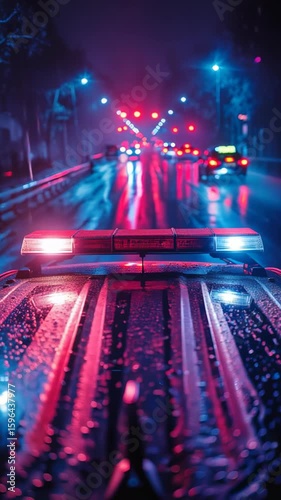 A police car with a red and white light bar is driving down a wet road. The light bar is lit up and the car is surrounded by other cars