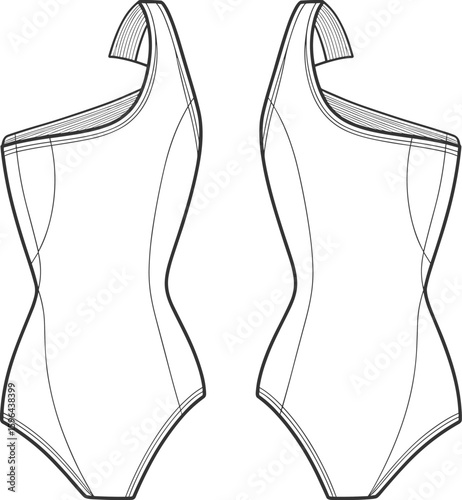 One shoulder strap bodysuit technical flat sketch, modern women’s asymmetrical swimsuit design, stylish garment outline, cad drawing flat vector illustration