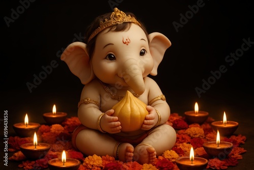 Cute Baby Elephant Lord Ganesha Sitting with Gold Crown and Jewelry Surrounded by Diwali Diyas and Marigold Flowers