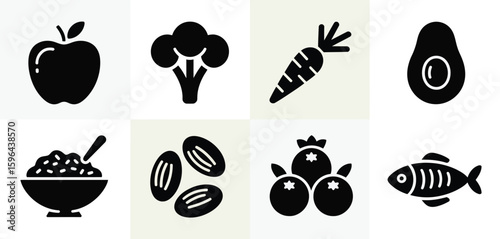 Collection of healthy food icons in black and white