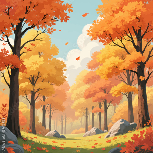 Autumnal Forest Path with Fallen Leaves and Sunlit Trees