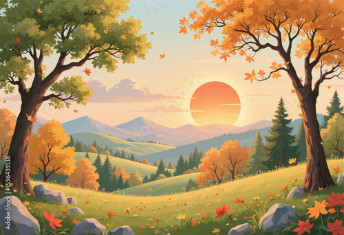 Autumnal Forest Sunset Over Mountains