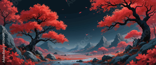 Autumnal Mountain Pathway with Crimson Trees and Calm River