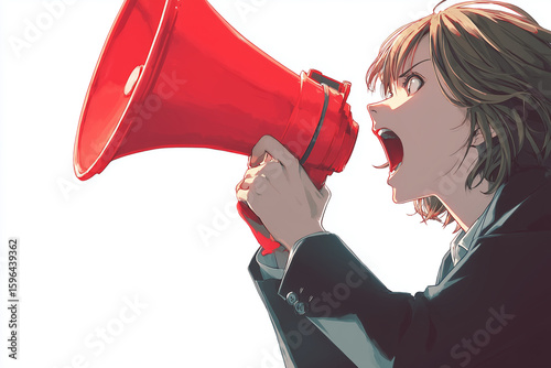 Manga style businesswoman shouting with red megaphone in dynamic pose
