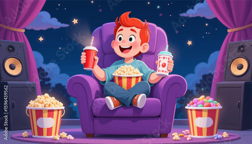 Boy Enjoying Movie Night with Snacks and Drinks