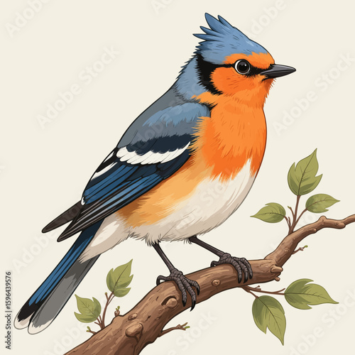 Bright Bird on Branch: Autumnal Perch with Crisp Leaves