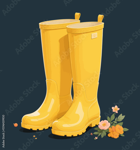 Bright Yellow Rain Boots with Spring Flowers on Dark Blue Background