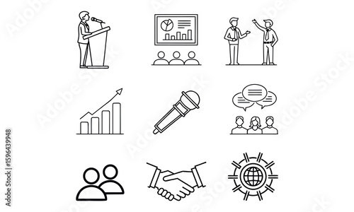 Conference Icon Set. Adjustable Line Speaker, podium, audience, chart, presentation, mic, discussion, seminar, networking, success, projector, meeting, talk, panel icons. Vector Illustration.