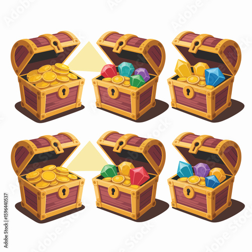 Six cartoon treasure chests filled with gold coins and colorful gems