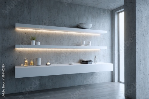 Monotone bathroom with floating white shelves, gray concrete backdrop, harsh rim lighting from single LED strip, crisp shadows, cinematic