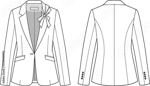 Women’s tailored blazer fashion CAD drawing with bow detail, front and back technical flat sketch, vector apparel design illustration