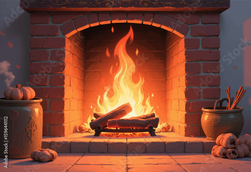 Cozy Autumn Fireplace with Burning Logs and Pumpkins