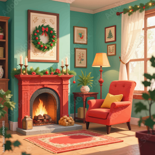 Cozy Christmas Living Room with Fireplace and Red Chair